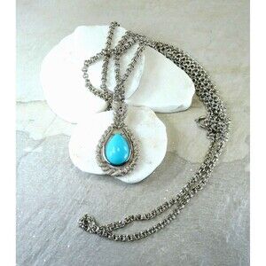 VTG AVON Signed Faux Turquoise Silver Tone Pendant Convertible Chain Necklace